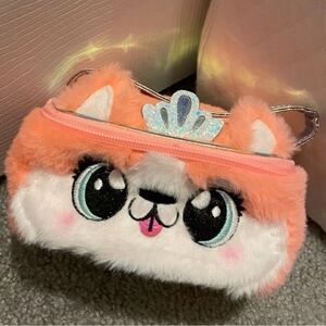 Claire's Peach & White Plush Queenie the Corgi Zip Makeup Bag BRAND NEW!